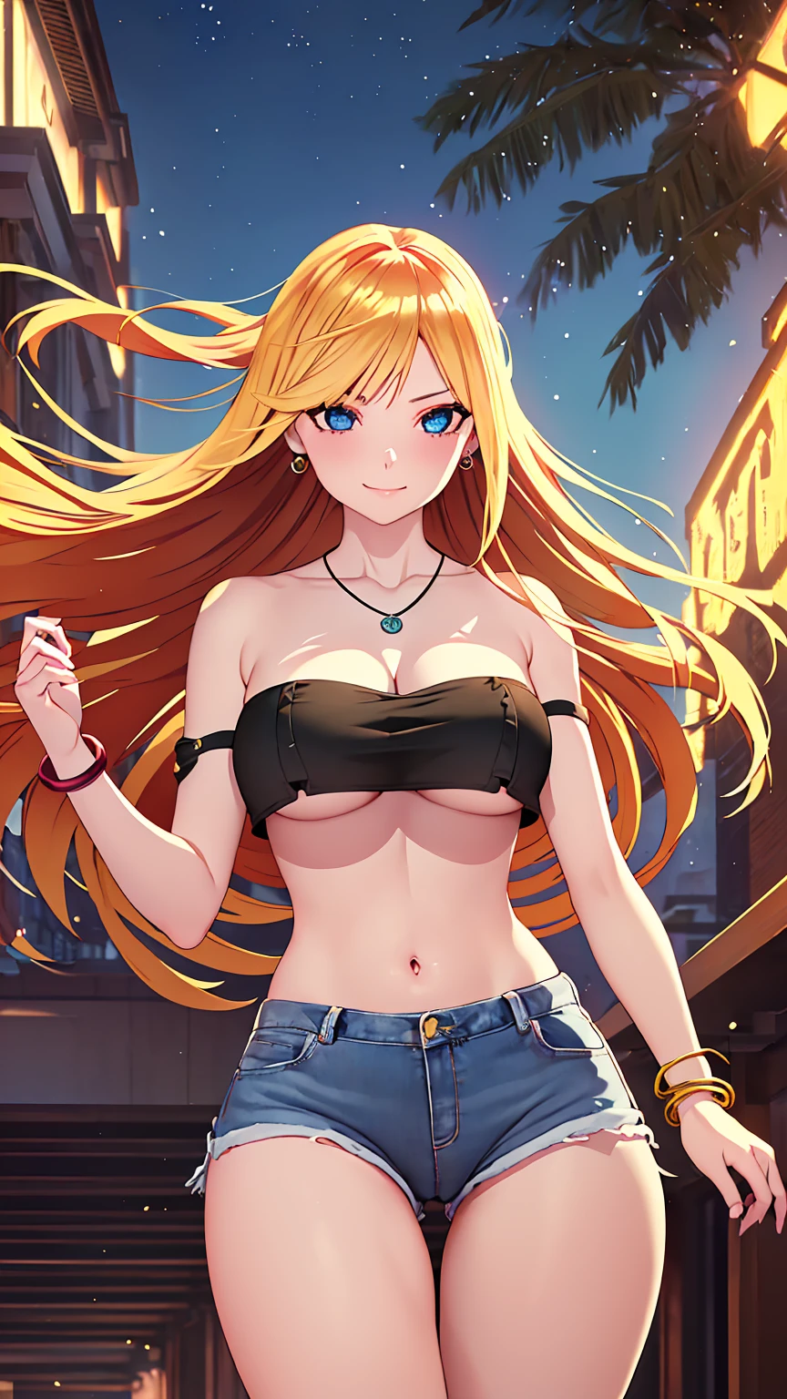 1girl, anime girl, anime, bracelet, necklace, earrings, 2d girl, 18y, (fullbody), standing, anime girl, seductive smile, (((blonde hair, flowing hair, hair flowing in the wind))), ((black,tube top,strapless)), ((underboob view)), cleavage, Solo, Slim, Big Breasts, Tight Shorts, low waist shorts, upshorts, outdoors, night background, flowers, looking at viewer, darker shadows, (((explicit))), (((short,shorts))), (((absurdres))), (((thigh gap))), (((cameltoe))), (((lowleg shorts))), (((sexy))), (((sensual))), (((Tube Top))), (((Strapless)))