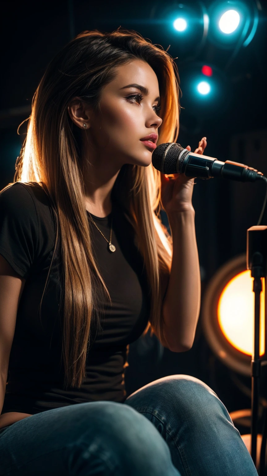 Create high quality, detailed image of a young woman with long hair, loose brown hair, sitting in a professional recording studio. the female singer is singing by the microphone, vocalist holding a microphone in her right hand, looks a little to the side and sings into the microphone. She is beautifully and naturally dressed in jeans and a T-shirt. In the background are acoustic panels and studio equipment., which emphasizes the recording studio environment. Lighting should be soft, creating gentle shadows, that highlight her features and create a professional and sophisticated look. (best quality, 16K, highres, masterpiece:1.2), (ultra-detailed, photorealistic:1.37), HDR, uhd, studio lighting, ultra-fine painting, sharp focus, physically-based rendering, extreme detail description, professional, vivid colors