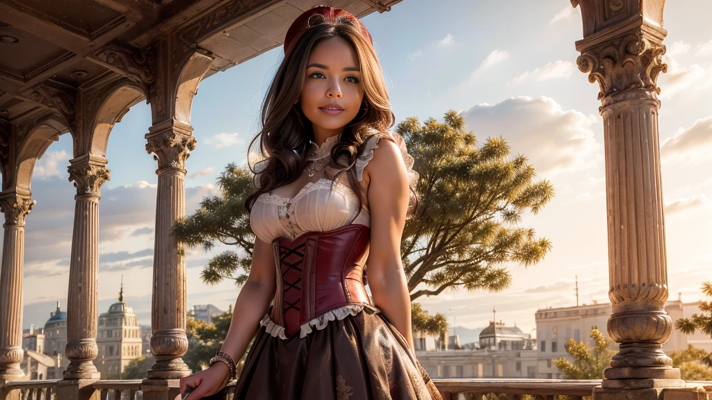 work of art, best quality female, (French),(smallbreast), (very long and curly pink volumetric hair:1.33), (white crinoline inside with red corset outside:1.33), (long red skirt:1.33), Flat headband, (beautiful detailed brown eyes:1.33), smiling face with detailed blush, Fine body, Perfect Anatomia, very cute, dynamic pose, showing a little leg, perfect shading, dramatic lighting, rendered in 8K resolution for high-quality details, Trends in the art season, conceptual artwork, Soft, sharp focus, in a salon, highy detailed, volumetric natural soft, cinematic perfect light, details Intricate