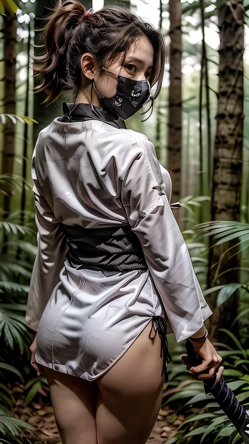 (was:1.3、((A female ninja looking back with a weapon in the forest:1.5)、With background)、(Female ninja with a sword:1.5))、(Realistic、Like a photograph、Live Action、8k, Realistic, RAW Photos, Best image quality: 1.4), Single-lens reflex camera、RAW Photos, Highest quality, Realistic, Highly detailed CG Unity 8k wallpaper, Written boundary depth, Cinematic Light, Lens flare, Ray Tracing, Realistic background、(kunoichi:1.4、White floral kimono:1.5、(p-line:1.1、Panty lines are visible:1.1))、Grey Hair、short hair、Short Ponytail、((Ultra-Dense Skin))、 1 girl,Cute Kunoichi、(whole body:1.5)、I like that style、Pay attention to the details、Perfect outfit、(White skin)、Accurate Arm、Accurate feet、Beautiful legs、Precise thighs、Anatomically correct body、View from behind