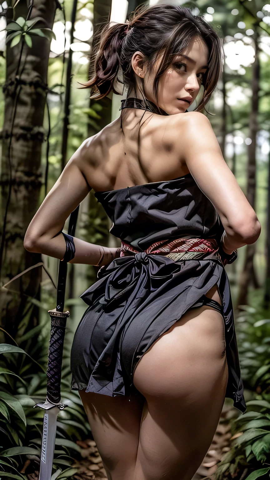 (was:1.3、((A female ninja looking back with a weapon in the forest:1.5)、With background)、(Female ninja with a sword:1.5))、(Realistic、Like a photograph、Live Action、8k, Realistic, RAW Photos, Best image quality: 1.4), Single-lens reflex camera、RAW Photos, Highest quality, Realistic, Highly detailed CG Unity 8k wallpaper, Written boundary depth, Cinematic Light, Lens flare, Ray Tracing, Realistic background、(kunoichi:1.4、White floral kimono:1.5、(p-line:1.1、Panty lines are visible:1.1)、Fishnet tights)、Grey Hair、short hair、Short Ponytail、((Ultra-Dense Skin))、 1 girl,Cute Kunoichi、(whole body:1.5)、I like that style、Pay attention to the details、Perfect outfit、(White skin)、Accurate Arm、Accurate feet、Beautiful legs、Precise thighs、Anatomically correct body、View from behind