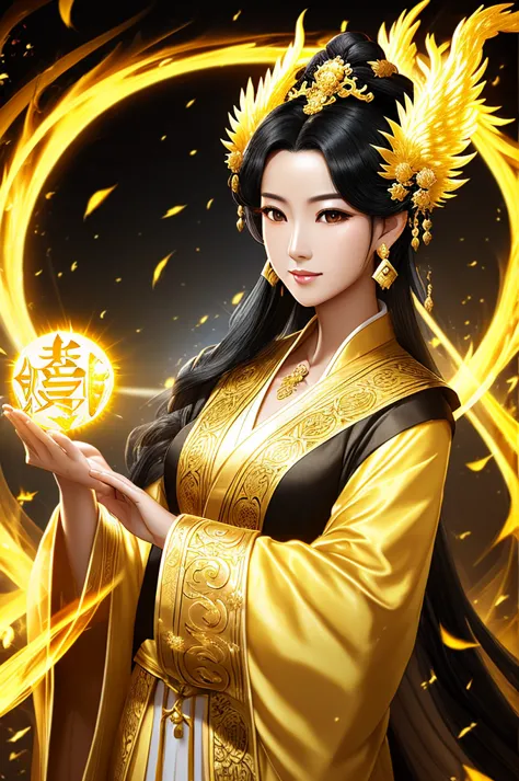 black hair, immortal, beauty, royal sister, stepmother, gold yellow taoist robe, golden phoenix coronet, hair bunch, mature woma...