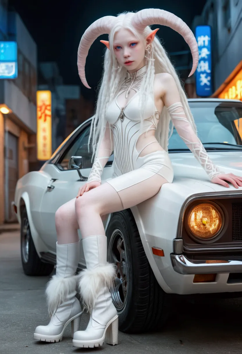 1 girl, (whole body:1.4), (head-to-toe), (albino demon girl:1.4), (huge long white intricate furry horns), ((white long dreads))...