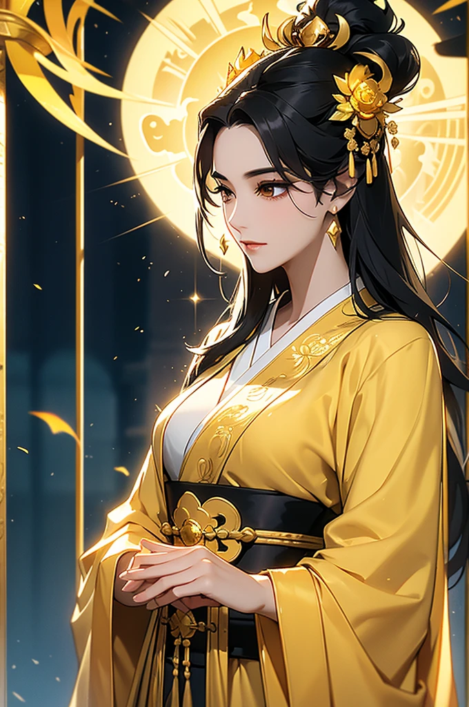 Black Hair, Immortal, Beauty, Royal sister, Stepmother, Gold Yellow Taoist robe, Golden Phoenix Coronet, Hair Bunch, Mature Woman，Sunshine