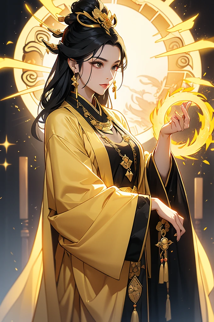 Black Hair, Immortal, Beauty, Royal sister, Stepmother, Gold Yellow Taoist robe, Golden Phoenix Coronet, Hair Bunch, Mature Woman，Sunshine