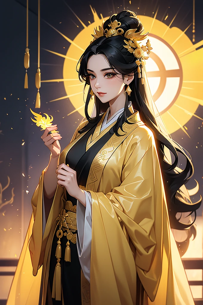 Black Hair, Immortal, Beauty, Royal sister, Stepmother, Gold Yellow Taoist robe, Golden Phoenix Coronet, Hair Bunch, Mature Woman，Sunshine