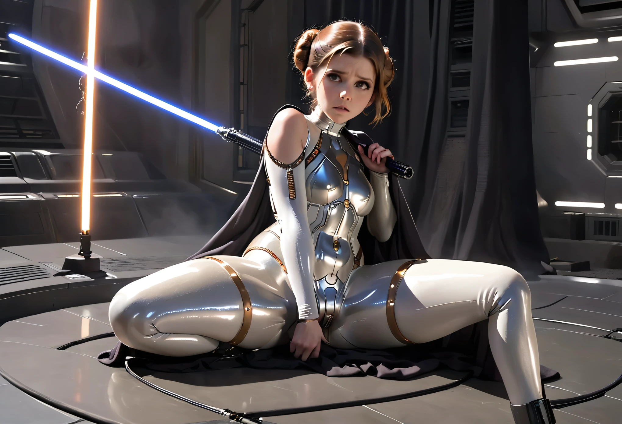 Kate Mara (age 25) in the role of Princess Leia (white metallic skinsuit and cloak) is a high tech and very dangerous torture chamber pleading with Darth Vader for mercy, damsel in pain, damsel in distress
