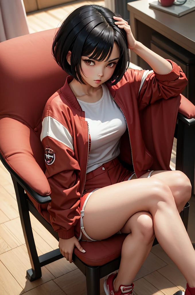 a woman in anime styled outfit sitting on a chair chair with legs out and legs crossed, 1girl, solo, shorts, jacket, sitting, red shorts, black hair, shirt, looking at viewer, short hair, indoors, white shirt, wooden floor, open clothes, open jacket