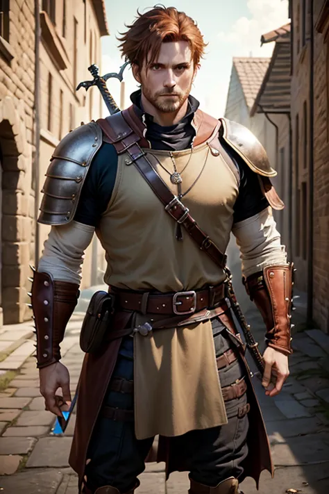 40 year old man with short spiky reddish brown hair, messy fringe hairstyle, medieval hunter clothing, brown eyes holding a swor...