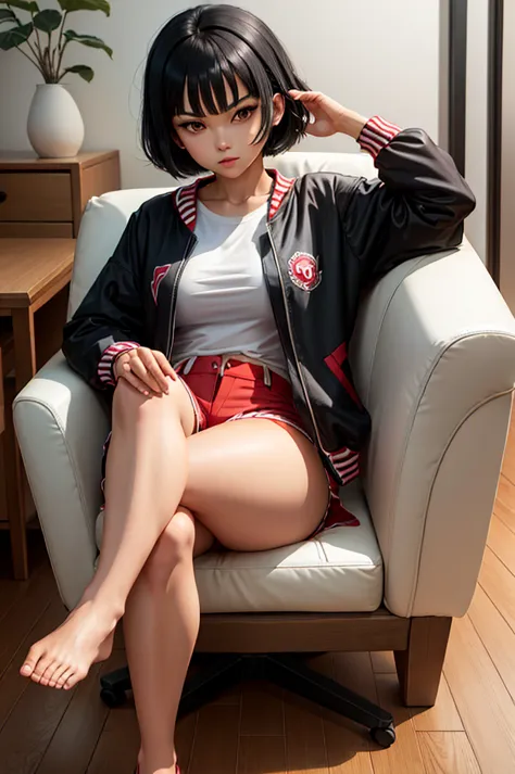 a woman in anime styled outfit sitting on a chair chair with legs out and legs crossed, 1girl, solo, shorts, jacket, sitting, re...