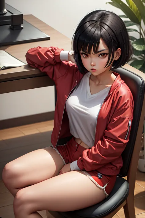 a woman in anime styled outfit sitting on a chair chair with legs out and legs crossed, 1girl, solo, shorts, jacket, sitting, re...