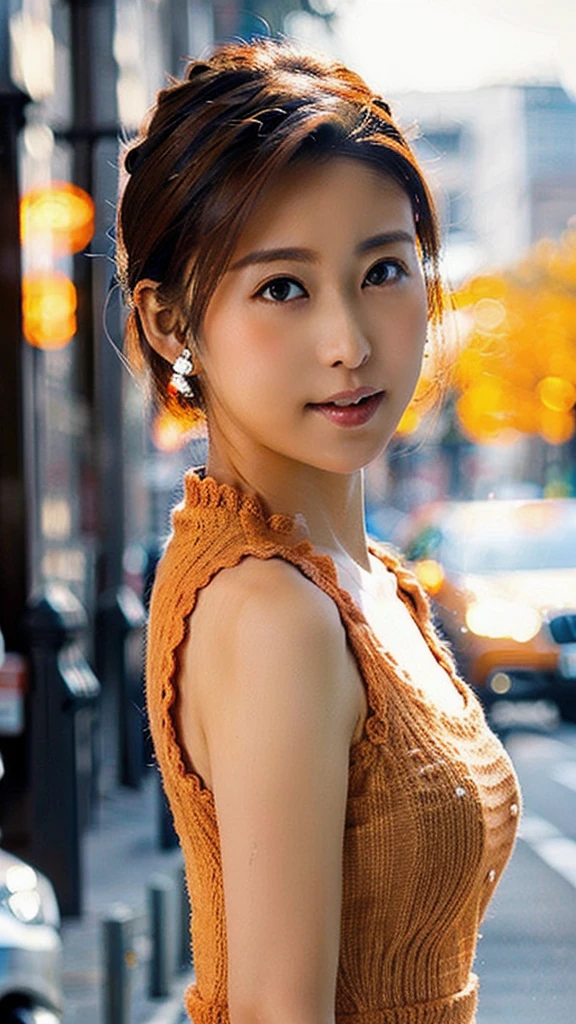 a woman posing on the street corner with orange dress on, best quality, 1girl, huge breasts, day, bright, blur background, bokeh, outdoor, (street:0.8), (people, crowds:1), (lace-trimmed dress:1.5, orange sleeveless dress, orange clothes:1.5, orange high-neck dress:1.5, orange dress: 1.5), gorgeous, (hair up:1.5), beautiful detailed sky, beautiful earrings, (dynamic pose:1), (upper body:0.8), soft lighting, wind, shiny skin, 