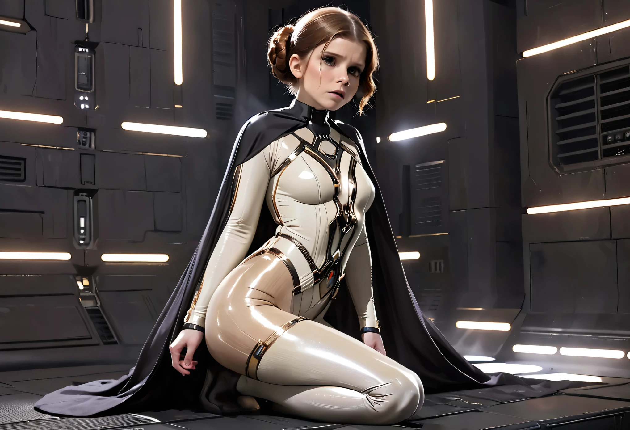 Kate Mara (age 25) in the role of Princess Leia (white metallic skinsuit and cloak) is a high tech and very dangerous torture chamber pleading with Darth Vader for mercy, damsel in pain, damsel in distress
