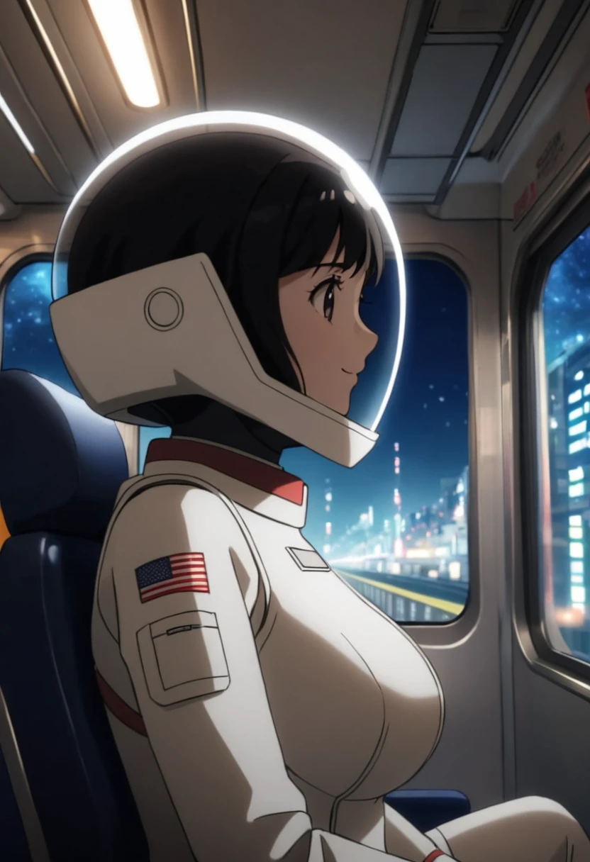 space helmet, (cinematic scene, sitting on a chair, train interior, , city view, night view: 1.5), space helmet, eva helmet, space suit, astronaut), smile bubble helmet, very detailed, speed helmet, bubble helmet, ,upper body, astronaut),eva helm, spacesuit , astronaut),girl, wearing a (spacesuit:1.15), white cargo pants, , black hair,big breasts, upper body, from side