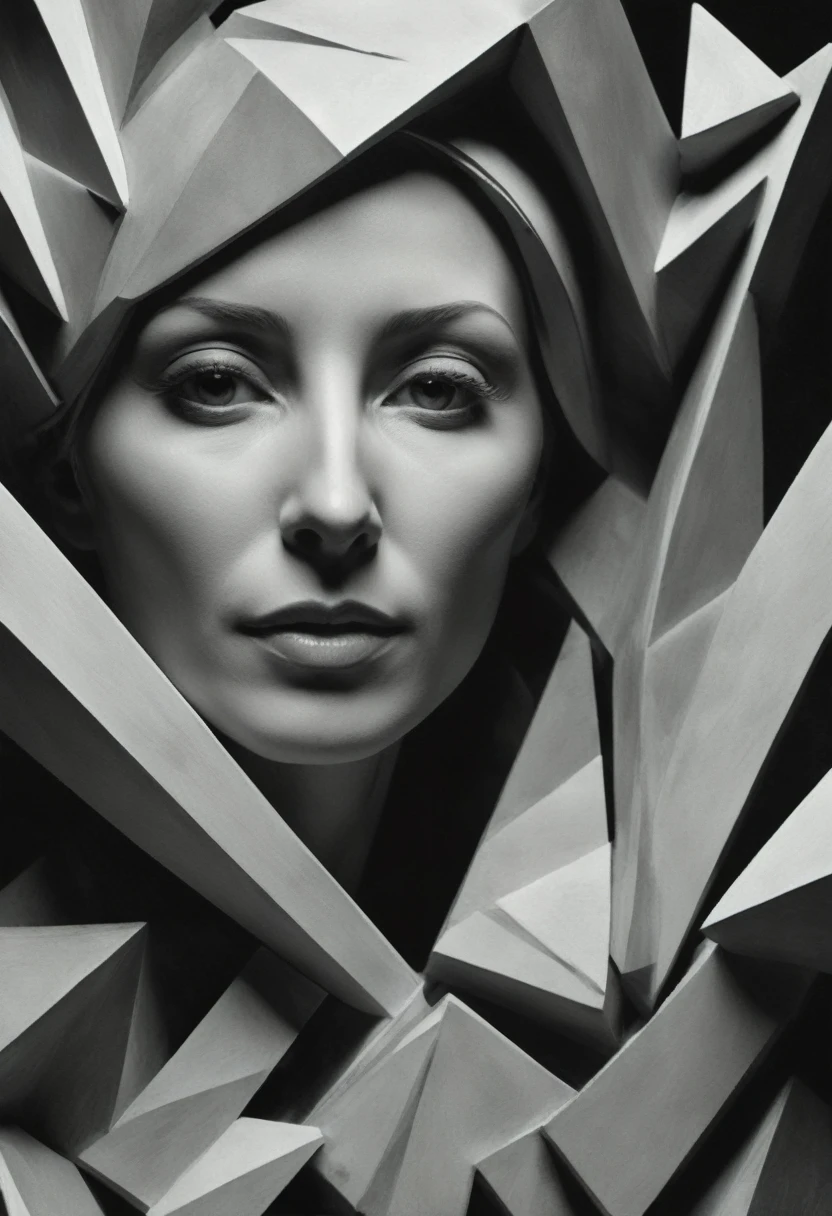 a woman made of geometric fragmented forms,black and white abstract sculpture,louise nevelson style,masterpiece,ultra-detailed,photorealistic,dramatic lighting,chiaroscuro,sharp focus,hyper realistic,highly detailed,intricate design,minimalism,monochrome,conceptual art,modern art,geometric shapes,clean composition