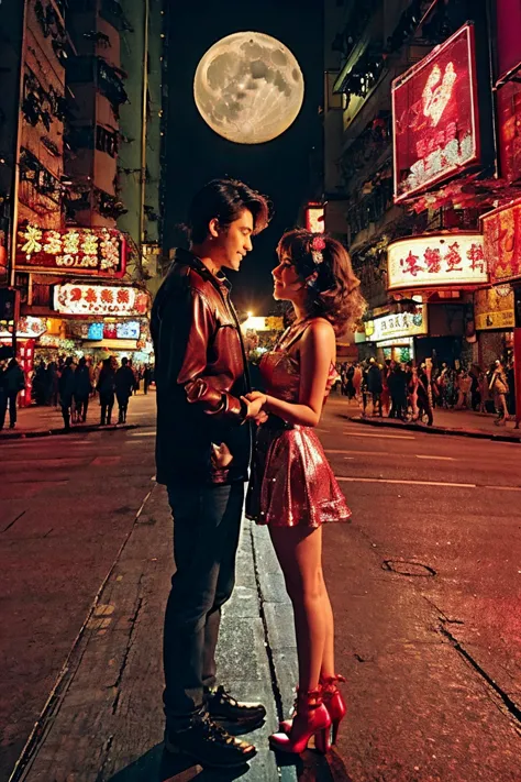 hong kong, night, (giant moon in the sky, man holding a girl hands and look each other, romantic), (awkward,blush :1.3), y 2 k c...