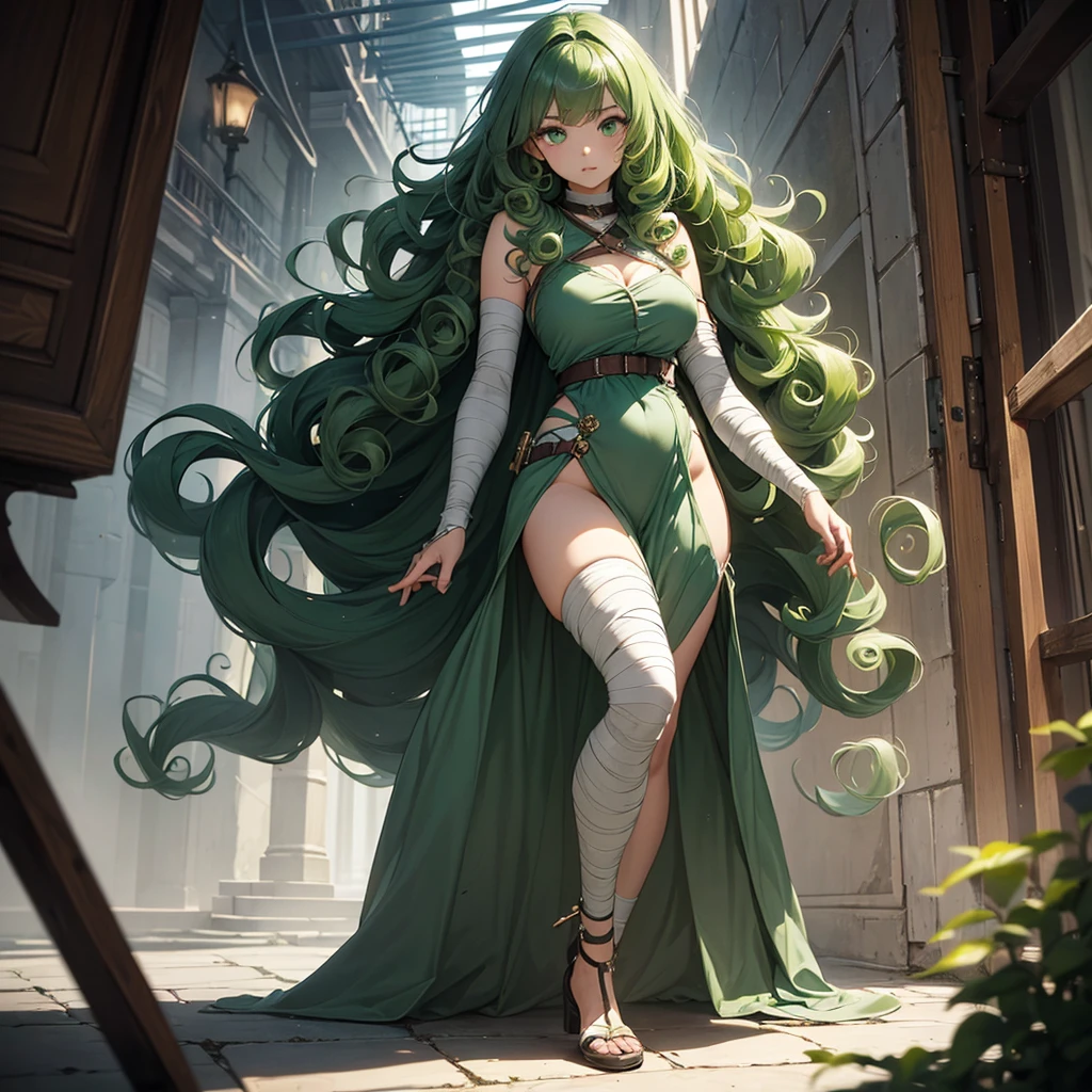 (Long green curly hair:1.4)、bright green eyes、Mummy-style outfit wrapped in bandages、Sexy vibe、(composition：Full-body perspective）