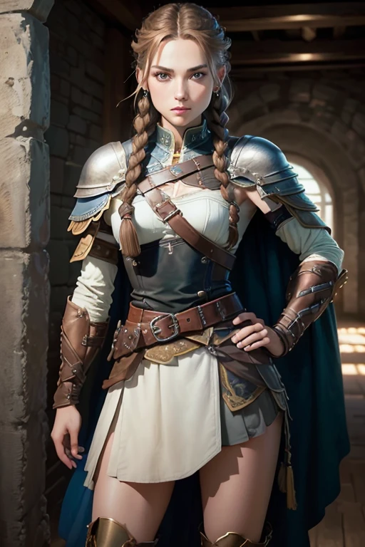 (masterpiece, The best quality) (young warrior woman of nordic descent), (green eyes), (muscular), (leather skirt), (brown hair color),(loose hair with small braids on the scalp), (leather strap top) feathers, cape over the shoulder, bufas, (blue, gray and brown suit).