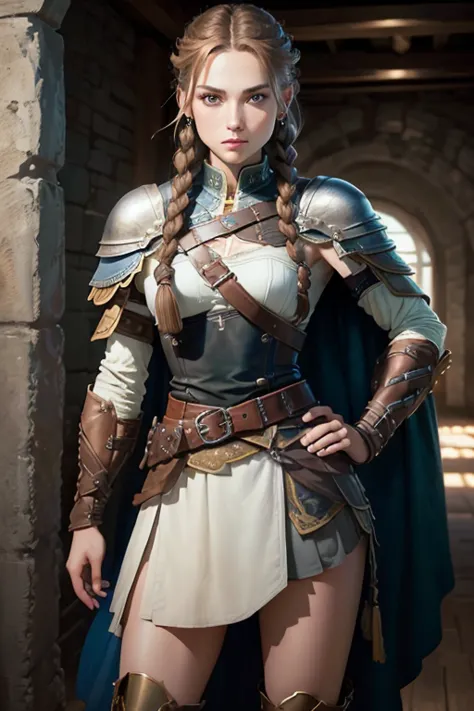 (masterpiece, the best quality) (young warrior woman of nordic descent), (green eyes), (muscular), (leather skirt), (brown hair ...