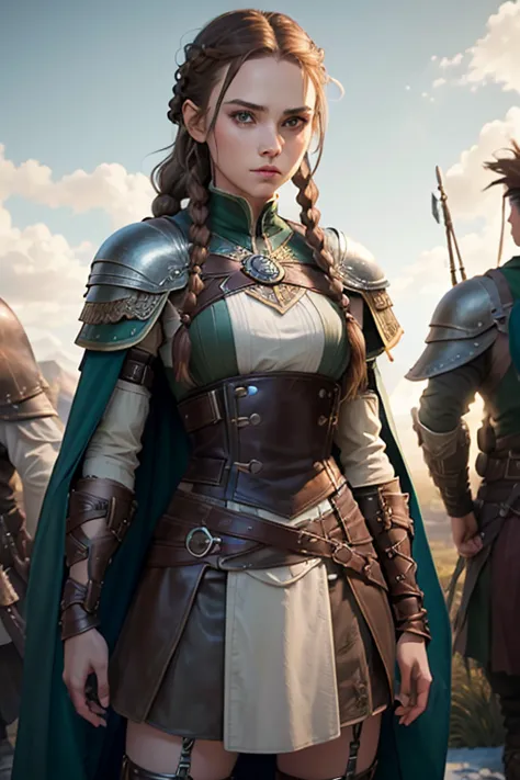 (masterpiece, the best quality) (young warrior woman of nordic descent), (green eyes), (muscular), (leather skirt), (brown hair ...