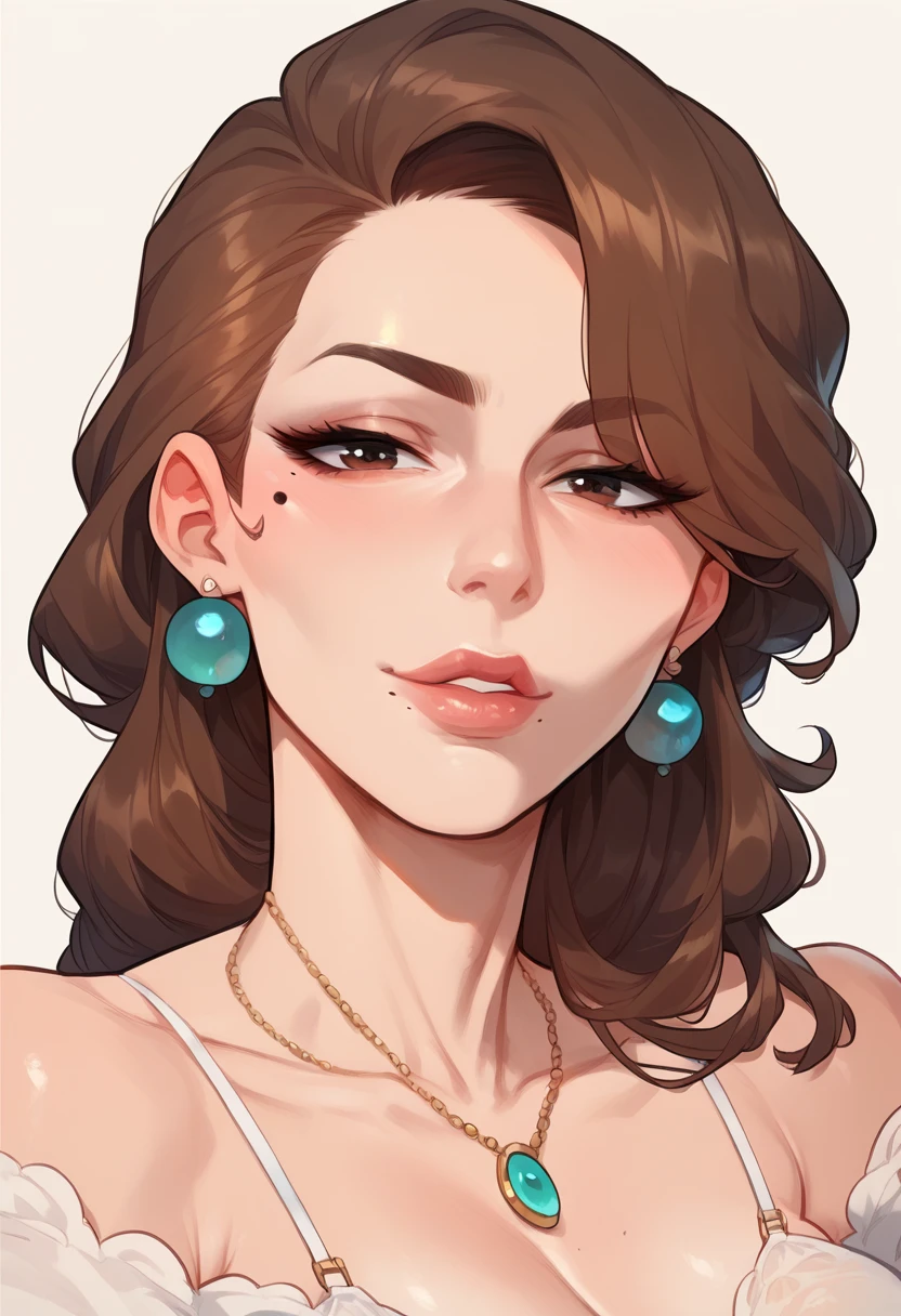 Mixed_artstyle, (solo), square face, meolooking at viewer, 1 milf, brown hair, mother, beauty mark, sexy lips, close view. 