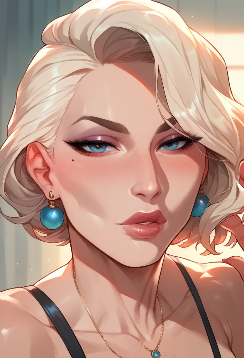 Mixed_artstyle, (solo), looking at viewer, 1 milf, (kissing the viewer), sexy lips, close view. 