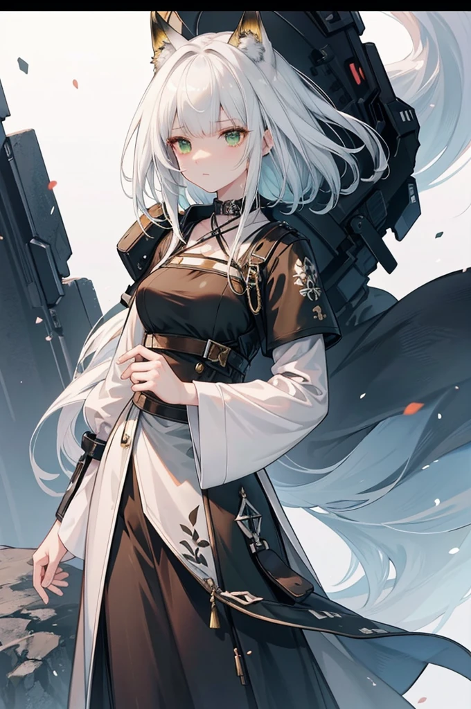 Create an anime-style image of Kal'tsit from the Arknights video game. She is depicted as an elegant anime girl with long, flowing white hair that reaches her waist. She has striking green eyes that exude wisdom and calm intensity. make her fingers and  hand detailed, Kal'tsit has fox ears, adding to her distinctive and mystical appearance. She is wearing a beautiful green dress, intricately detailed and fitting the sophisticated aesthetic of the Arknights universe. The dress contrasts with her usual medical attire, providing a fresh and unique look. The dress is adorned with fine details, such as subtle embroidery and elegant patterns. Kal'tsit stands in a dark, mysterious environment, which adds to the contrast and highlights her presence. Her serene and composed expression conveys her authoritative and intelligent nature. The setting should evoke a sense of intrigue and depth, fitting for Kal'tsit's character. The art style should reflect the high-quality, detailed character design typical of Arknights, with a focus on fine details and a polished finish. The image should also incorporate elements of the Kantai Collection style, emphasizing the character's beauty and the intricate details of her outfit, Include references to her role as a medic and a senior member of Rhodes Island, subtly incorporating elements like a choker with a glowing pendant or medical tools. The overall composition should present Kal'tsit as a main character in the Arknights universe, maintaining the official character art style.