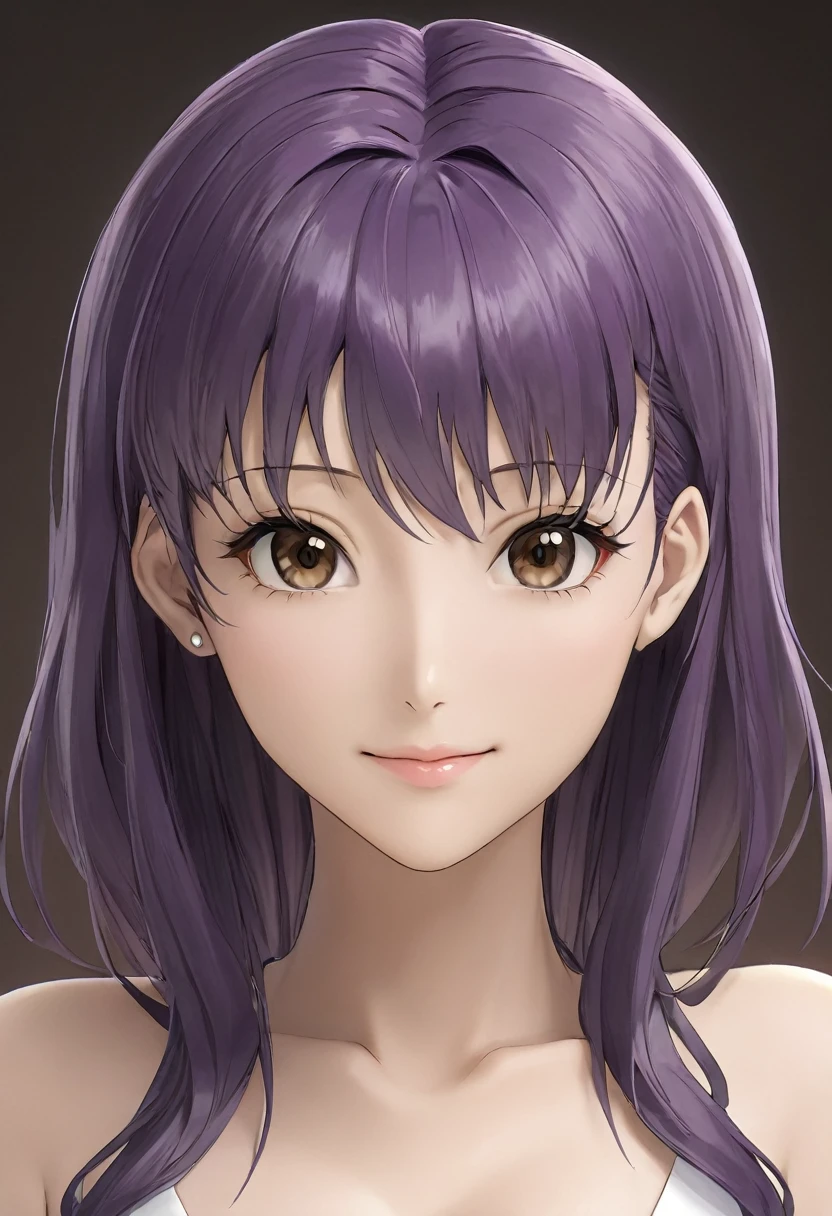 (high resolution,detailed, raw photo,Very realistic,8k),(Masterpiece: 1.3),((high resolution,detailed, raw photo,Very realistic,8k),(Misato Katsuragi),(highly detailed symmetrical attractive face),(purple hair,detailed hair),(seductive smile),(looking at the camera),(brown eyes,detailed eyes),(high detailed skin, skin pores),(seductive pose)