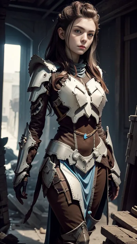 woman in armor made from salvaged pieces, revealing armor, incomplete armor