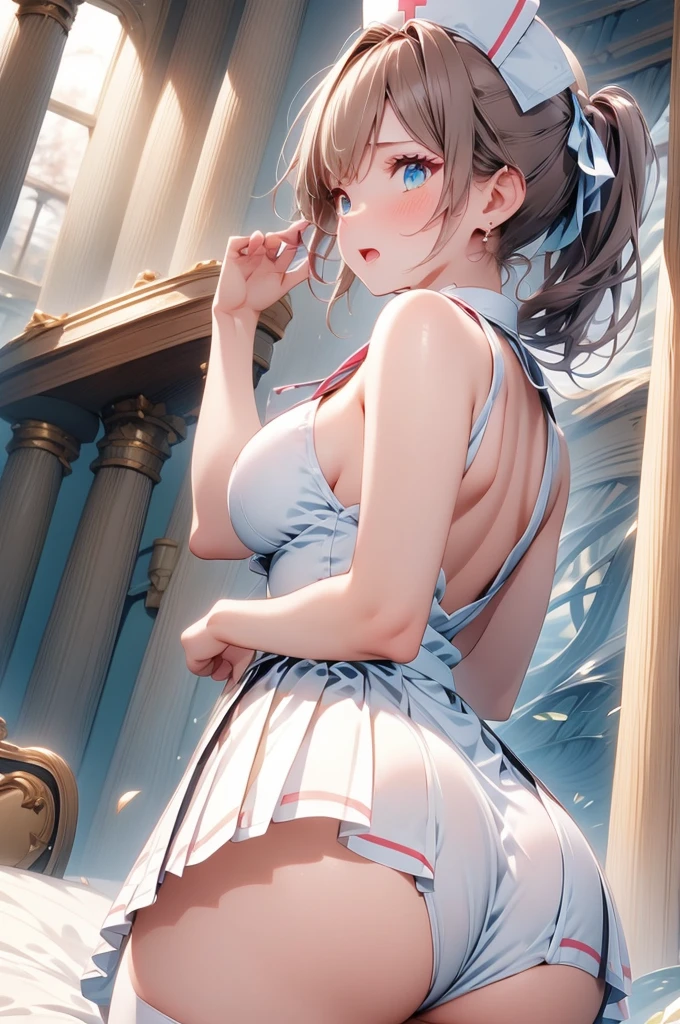 A beautiful girl dressed as a nurse kneeling on a bed using stethoscope, anime girl, (quite adorable magical nurse dress with brief pleated skirt and robe and nurse hat), upskirt, white lace panties, white lace stockings, big rounds breasts, cute ass, dark brown hair, bangs, french braid, long hair, ponytail, wavy hair, asymmetrical bangs, asymmetrical bangs, shiny hair, nurse cap, hairclip, hair ribbon, aqua eyes, glowing eyes, pupils sparkling, earrings, open mouth, embarrassed, blush, nervous, surprised, glossy lips, worried, high detail, anime, anime style, depth of field, cinematic lighting, dithering, image fill, first-person view, dutch angle, from behind, (rear view:1.4), from below, (whole body), atmospheric perspective, perspective, Wide-Angle, f/1.8, 85mm, Nikon, 8k, super detail, UHD, retina, masterpiece, accurate, anatomically correct, textured skin, high details, best quality, highres