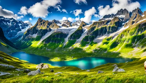 mountains and lakes、and a cow in the foreground, swiss alps, majestic nature scenery, alpine landscape, in the swiss alps, beaut...