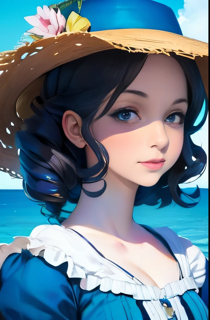 a close up of a woman in a dress and hat on a beach, a portrait inspired by Caroline Lucy Scott, flickr, rococo, with straw hat, victorian style costume, victorian blue dress, perdita weeks!, straw hat and overcoat, in victorian aristocrat, pose 4 of 1 6, victorian england style, beautiful shot, with victorian clothing