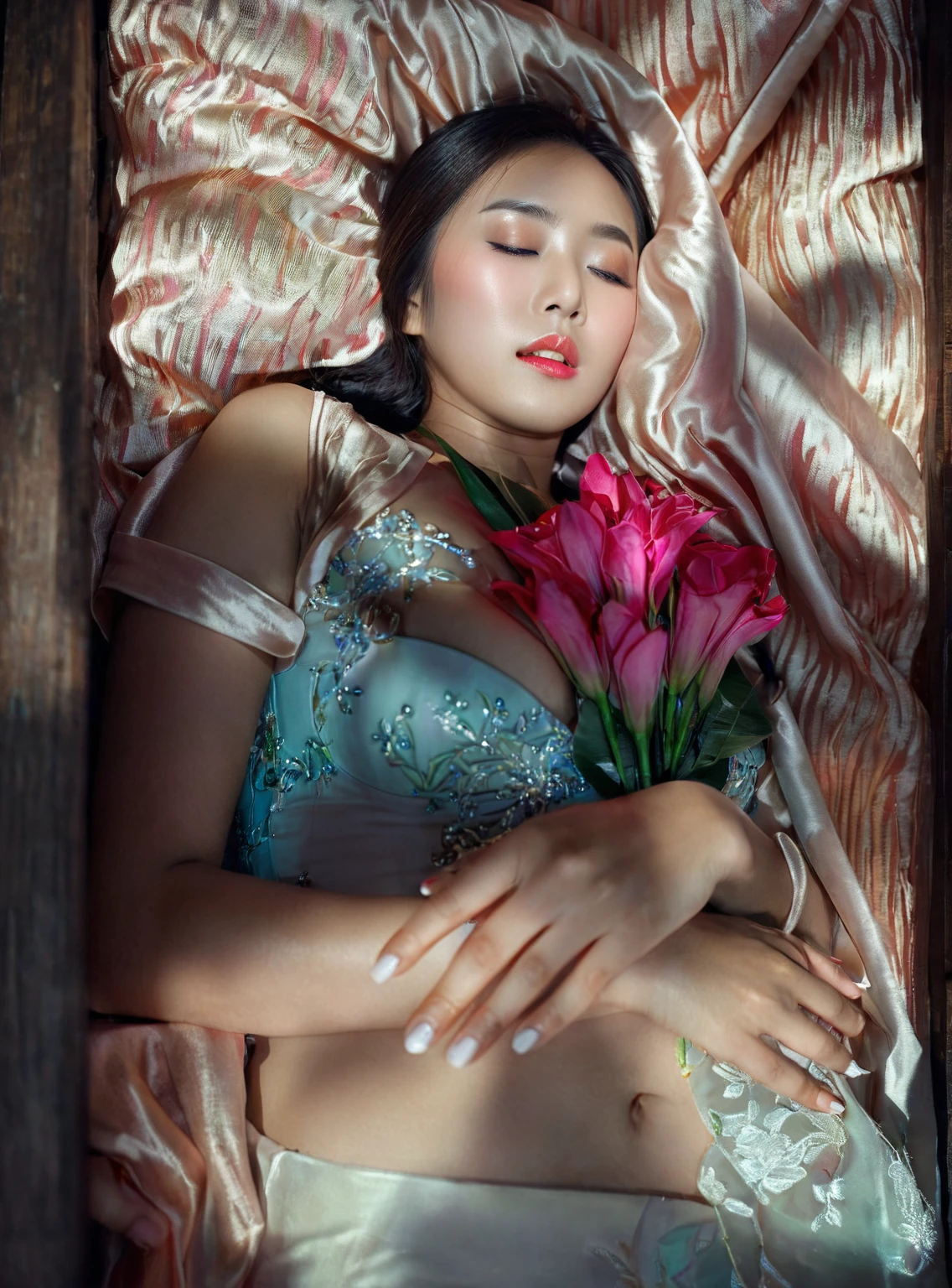 In a striking 8K HDR scene, a stunning Korean woman, 22 years old, lies peacefully in a coffin and coffin cover surrounded by plush pillows behind head. The deep box is set against a rich black background, accentuating the beauty of the subject. Her exquisite deep-V neckline kebaya attire is embroidered with superb detail, showcasing her round and firm breasts, perfect cleavage, and beautiful eyebrows. Her closed eyes and mouth give an air of serenity, while her visible and absolute cleavage leave nothing to imagination. The scene is bathed in saturated colors, highlighting every intricate aspect from the ball skirt to her clean face, straight body, detailed hand perfect hands, straight body, own hands together, own hand on stomach, detailed hands, perfect hands, holding the flowers.