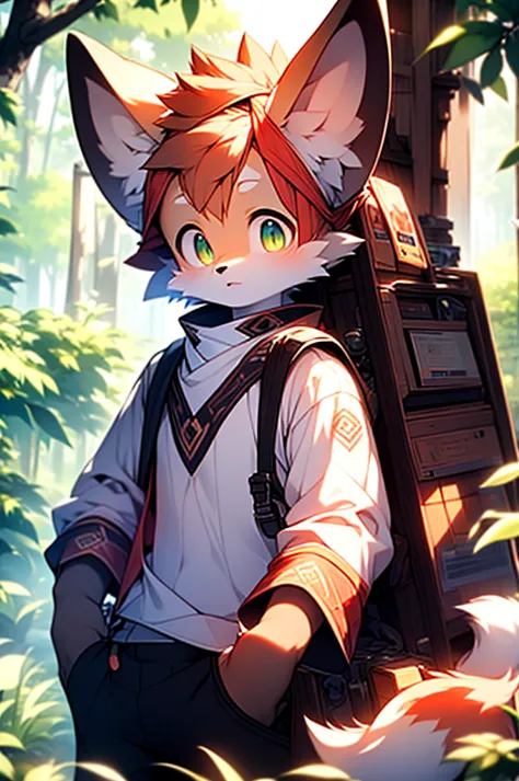 8k, super detail, precise, best quality，seventeen-year-old fox boy，orange hair，green eyes，rich plush texture，realistic style，dee...