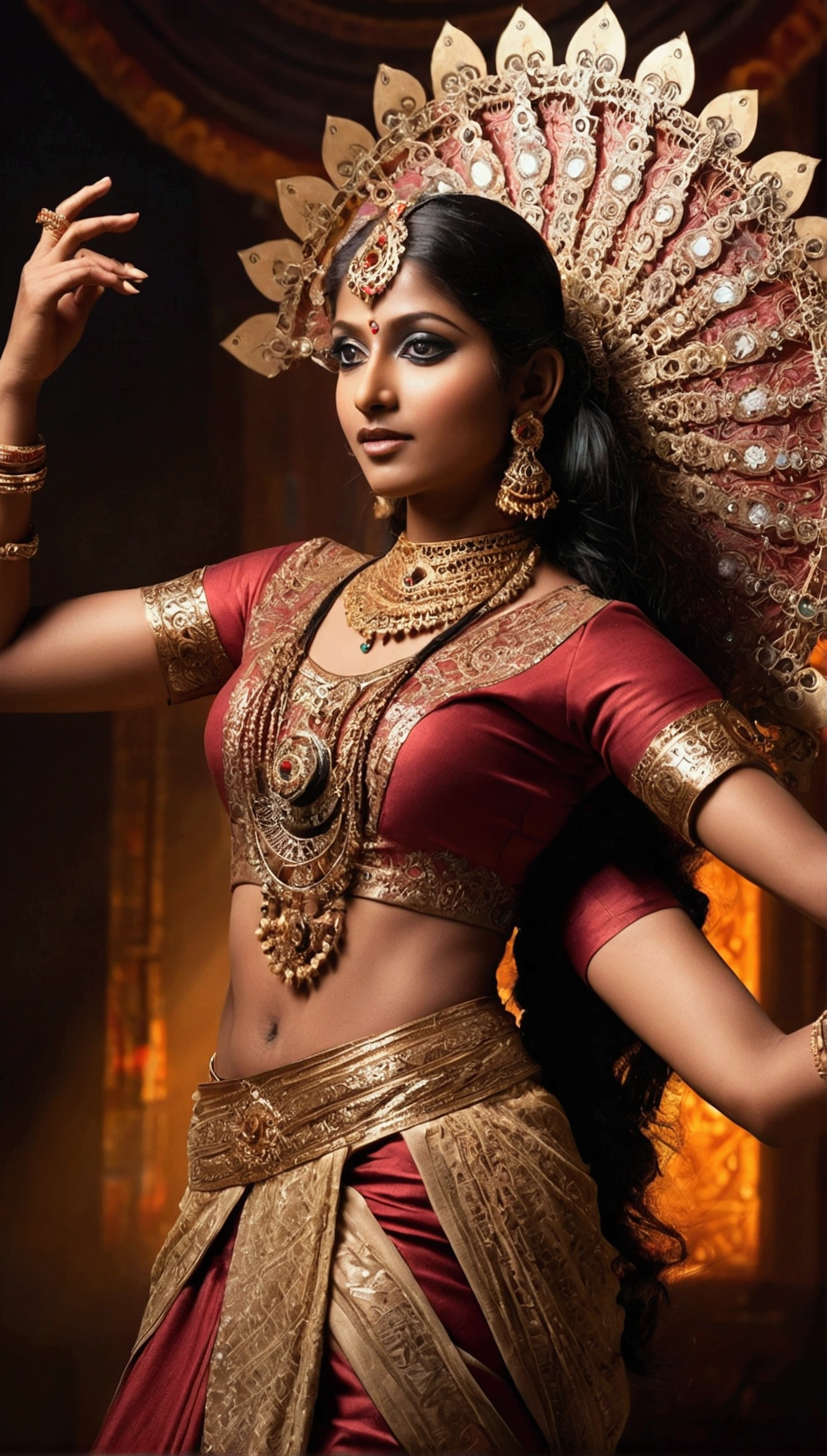 A mechanical Indian dancer,Metal color scheme,Highly detailed face and body,Sparkling eyes and vibrant makeup,ornate jewelry,Smooth and elegant movements,traditional Indian clothing,Gears and clockwork mechanisms are widely used,Ethereal backdrop with hints of Indian architecture,Professional studio lighting(Best quality:1.2),Dramatic shadows and highlights,Elegant and complex dance poses,Contrasting colors and textures,Technology blends with traditional art, (dark melanin tamil girl)