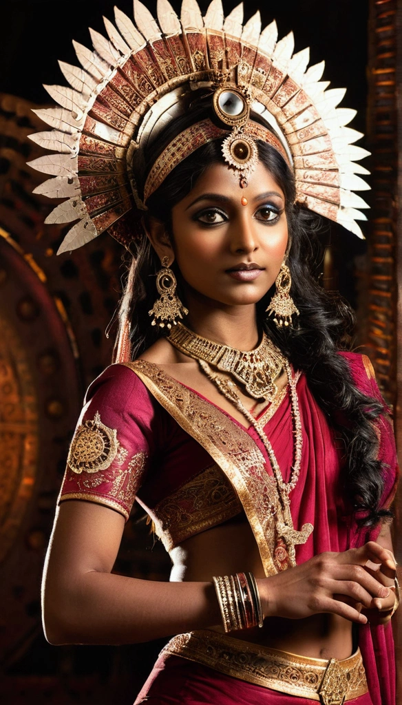 A mechanical Indian dancer,Metal color scheme,Highly detailed face and body,Sparkling eyes and vibrant makeup,ornate jewelry,Smooth and elegant movements,traditional Indian clothing,Gears and clockwork mechanisms are widely used,Ethereal backdrop with hints of Indian architecture,Professional studio lighting(Best quality:1.2),Dramatic shadows and highlights,Elegant and complex dance poses,Contrasting colors and textures,Technology blends with traditional art, (dark melanin tamil girl)