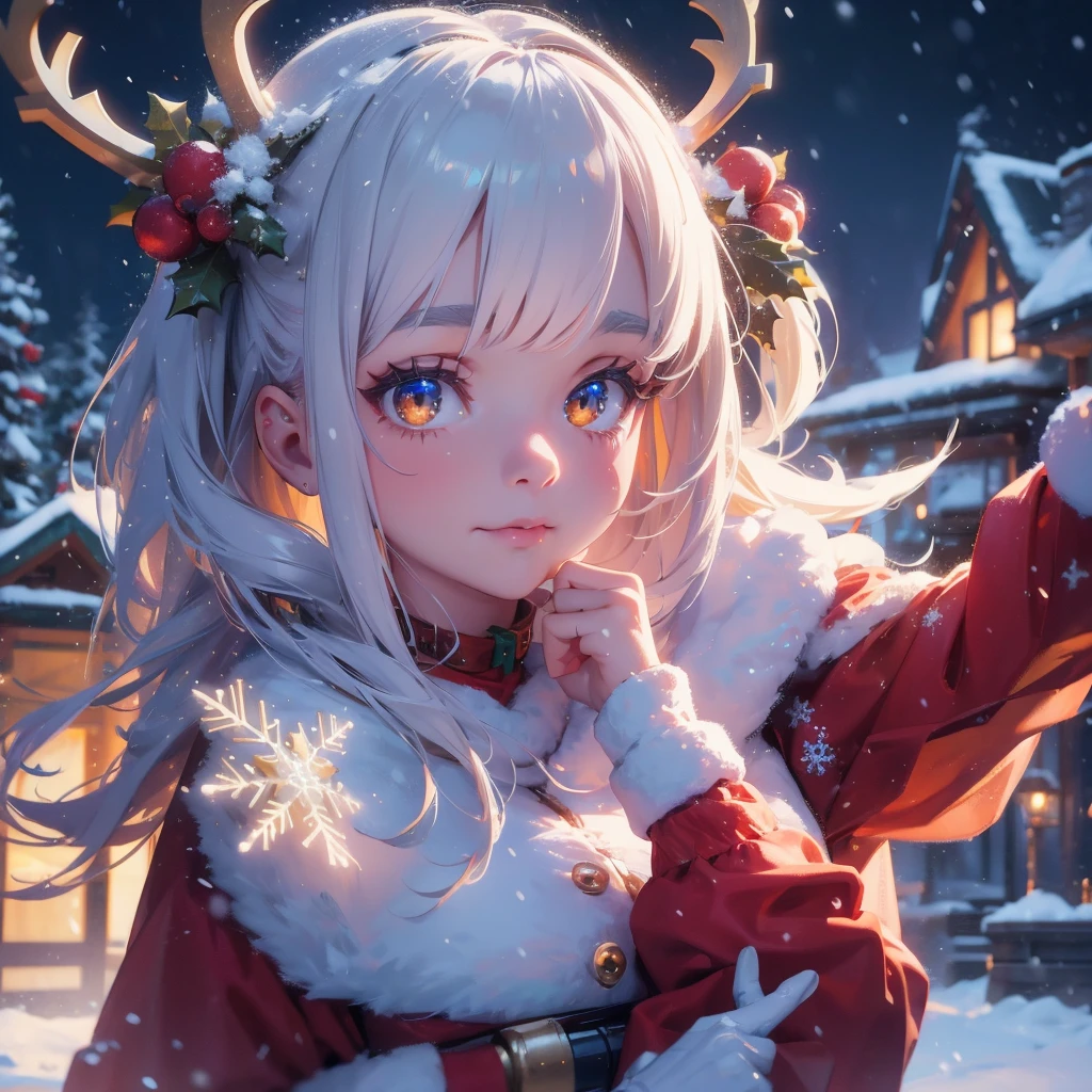 Christmas theme, cute beautiful cyborg, 8k, hd, unreal engine, masterpiece, 4k, extra details, Christmas decoration, snow, close face, Christmas cosplay,  snow man, reindeer