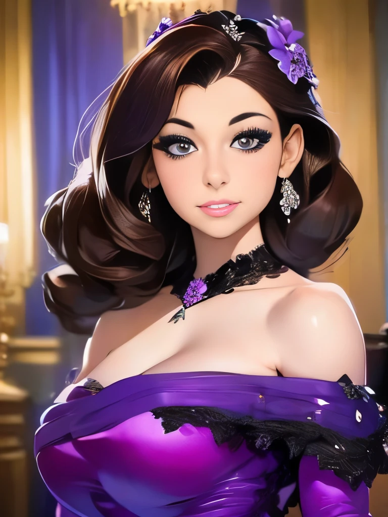 a close up of a woman in a purple dress posing for a picture, a photorealistic painting by Anthony Devas, reddit, arabesque, violet myers, gorgeous beautiful woman, gorgeous attractive face, brown hair and a perfect body, beautiful model girl, beautiful goddess, very beautiful young woman, gorgeous young model, very beautiful woman, young and cute girl