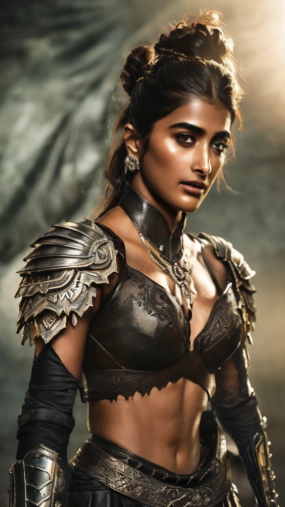 "erotic high quality close-up  photograph of Pooja Hegde  a powerful warrior woman, dark and atmospheric setting, confrontational and strong pose, looking at viewer, minimal striking armor, dark metallic, angular shoulder armor, chest plate, ornate belt, minimal cloth, intricate forearm and leg guards, muscular physique, dark skin, practical hairstyle, holding a close-combat staff, dark background, sandy ground, dramatic high-contrast lighting, detailed armor, shadows enhancing form, realistic with fantasy style"(detail) photo prise par Canon EOS R5, Objectif 50mm, f/2.8, Hdr,  (movie lighting) (dramatic lighting) (mise au point nette) (complexe)
