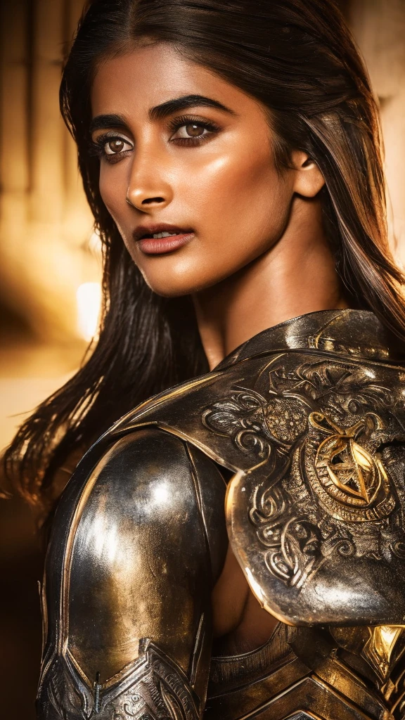 "erotic high quality close-up  photograph of Pooja Hegde  a powerful warrior woman, dark and atmospheric setting, confrontational and strong pose, looking at viewer, minimal striking armor, dark metallic, angular shoulder armor, chest plate, ornate belt, minimal cloth, intricate forearm and leg guards, muscular physique, dark skin, practical hairstyle, holding a close-combat staff, dark background, sandy ground, dramatic high-contrast lighting, detailed armor, shadows enhancing form, realistic with fantasy style"(detail) photo prise par Canon EOS R5, Objectif 50mm, f/2.8, Hdr,  (movie lighting) (dramatic lighting) (mise au point nette) (complexe)
