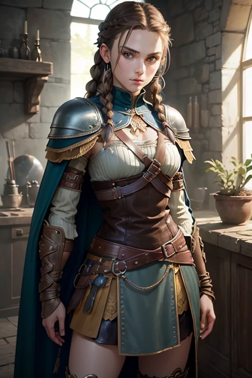 (masterpiece, The best quality) (young warrior woman of nordic descent), (green eyes), (muscular), (leather skirt), (brown hair color),(loose hair with small braids on the scalp), (leather strap top) feathers, cape over the shoulder, bufas, (blue, gray and brown suit).