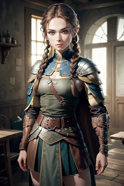 (masterpiece, the best quality) (young warrior woman of nordic descent), (green eyes), (muscular), (leather skirt), (brown hair ...