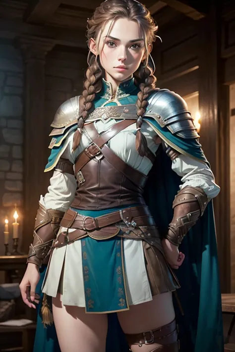 (masterpiece, the best quality) (young warrior woman of nordic descent), (green eyes), (muscular), (leather skirt), (brown hair ...