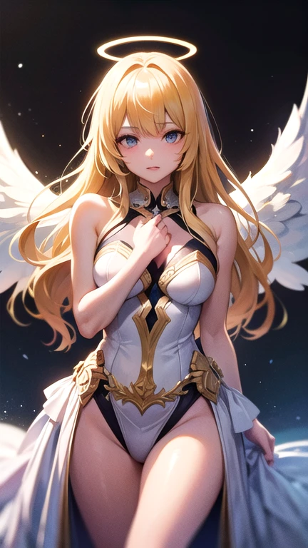 An Angel in heaven, masterpiece, Highest quality, High resolution, Very detailed, Intricate details, Tone Mapping, Sharp focus, Ultra-detailed, Trending on Art Station, Cowboy Shot, View your viewers, 1 girl, Angel, Angel wings, Wide wings, Golden halo, armor, shiny armor, Blonde, Long Hair, heaven, Paradise, cloud,Dark purple crown, Devil&#39;s Crown, Wicked Crown,(corruption,(Glowing pink pubic hair tattoo),Wicked Smile,Hollow Eyes, Half-closed eyes)