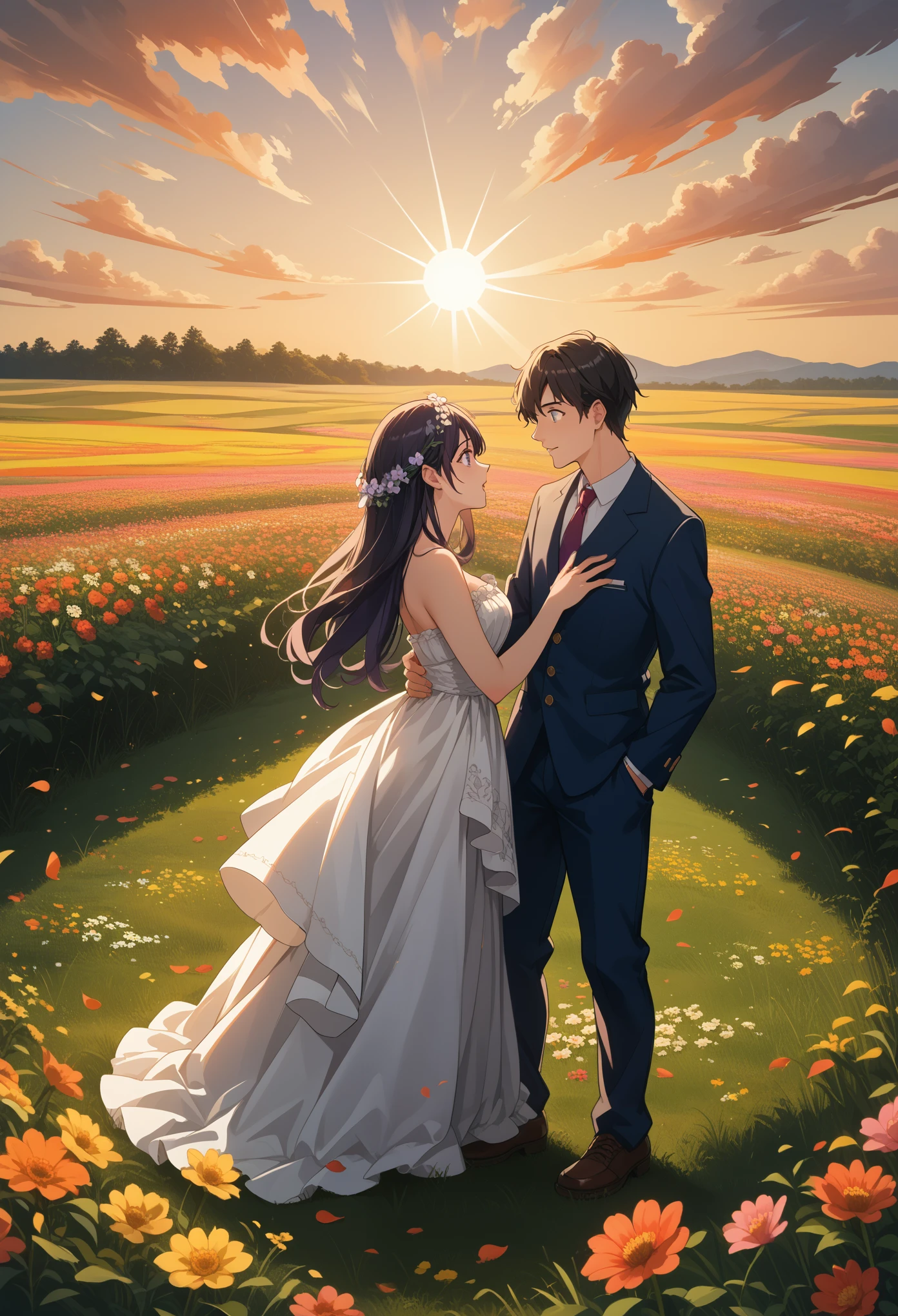 masterpiece, Best quality, {Best quality}, {{masterpiece}}, {a high resolution}, {{{field field}}, extremely detailed pair, illustration, pair, 1 boy, 1 girl with a great figure, pair, Love, Love, romantic, Sharp Focus, male focus, female focus, black hair, purple eyes, Sun, Sunlight, climb, surprised, orange sky, flowers, cinematic film still,score_9,score_8_up,score_7_up,masterpiece,best quality,8k,source_cartoon,source_アニメ, maximum details, full detailed, The shine of the whole picture, Feelings, Petals fly and circle around,