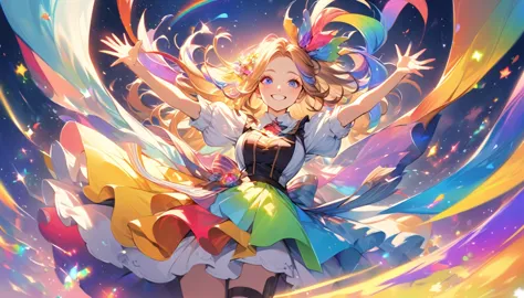 a lively girl with a big ribbon in her hair, spreading her arms wide as if welcoming everyone to "wonderland". the background in...