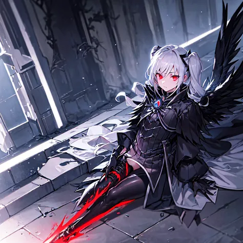 silver hair, twin drill, abyss, big black wings, a jet black sword in one hand, countless swords wrapped around his body, sharp ...