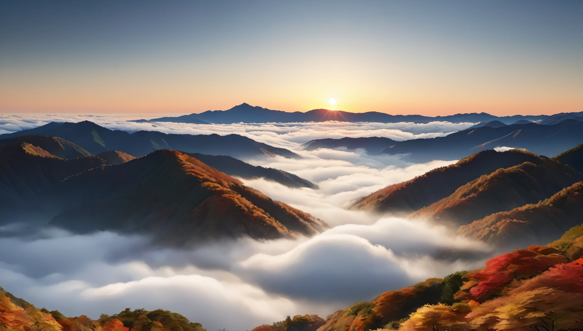 Japanese countryside, Valley, autumn, sunny, sea of clouds,morning, (Highest quality,4K,8k,High resolution,masterpiece:1.2),Very detailed,(Realistic,photoRealistic,photo-Realistic:1.37),High resolution,超High resolution,Studio Lighting,Vibrant colors,Professional