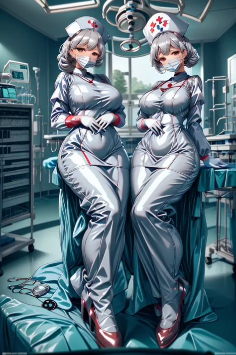 nurse uniform,hospital, latex nurse suit,nurses,busty,elbow gloves,labcoat,grey hair woman,red eyes , gigantic ,medical instrume...