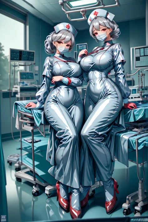 nurse uniform,hospital, latex nurse suit,nurses,busty,elbow gloves,labcoat,grey hair woman,red eyes , gigantic ,medical instrume...